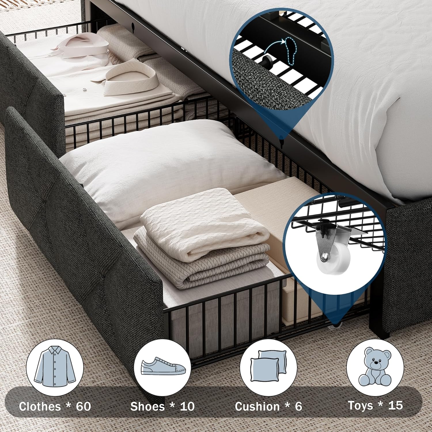 GalnFu Full Size Bed Frame with 4 Storage Drawers, Upholstered Platform Bed with Charging Station, Modern Wingback Storage Headboard, Easy Assembly,Noise-Free, Dark Gray