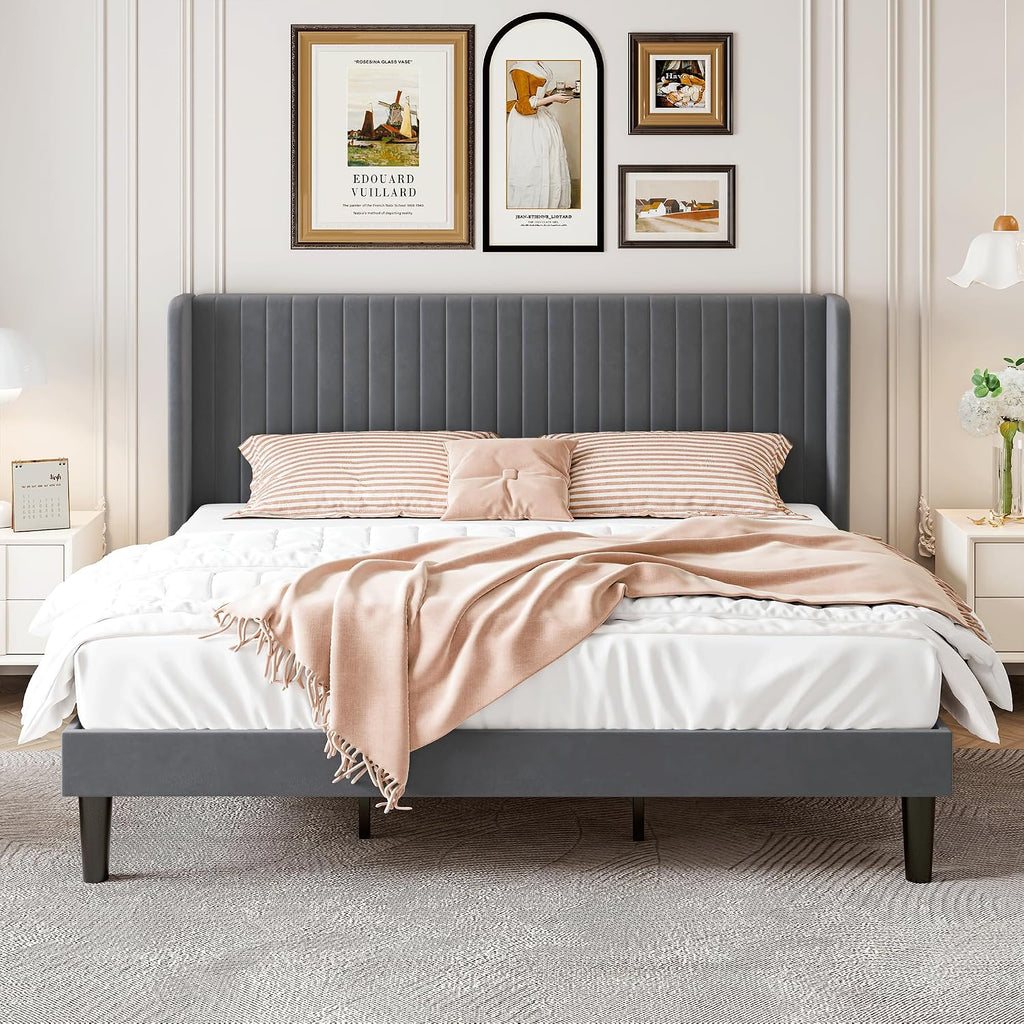 SHA CERLIN King Size Velvet Bed Frame with Vertical Channel Tufted Wingback Headboard, Upholstered Platform Bed with Wood Slats, No Box Spring Needed, Easy Assembly, Grey