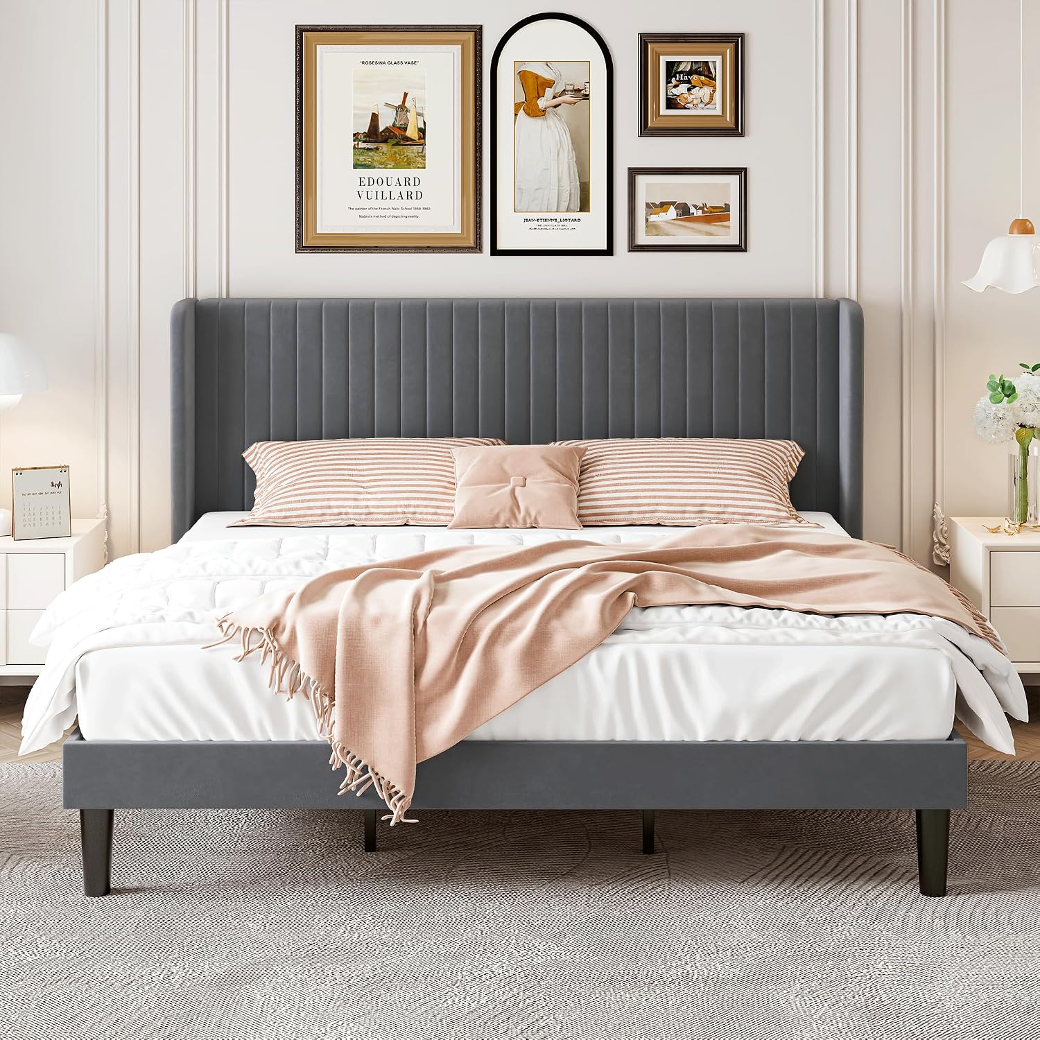 SHA CERLIN King Size Velvet Bed Frame with Vertical Channel Tufted Wingback Headboard, Upholstered Platform Bed with Wood Slats, No Box Spring Needed, Easy Assembly, Grey