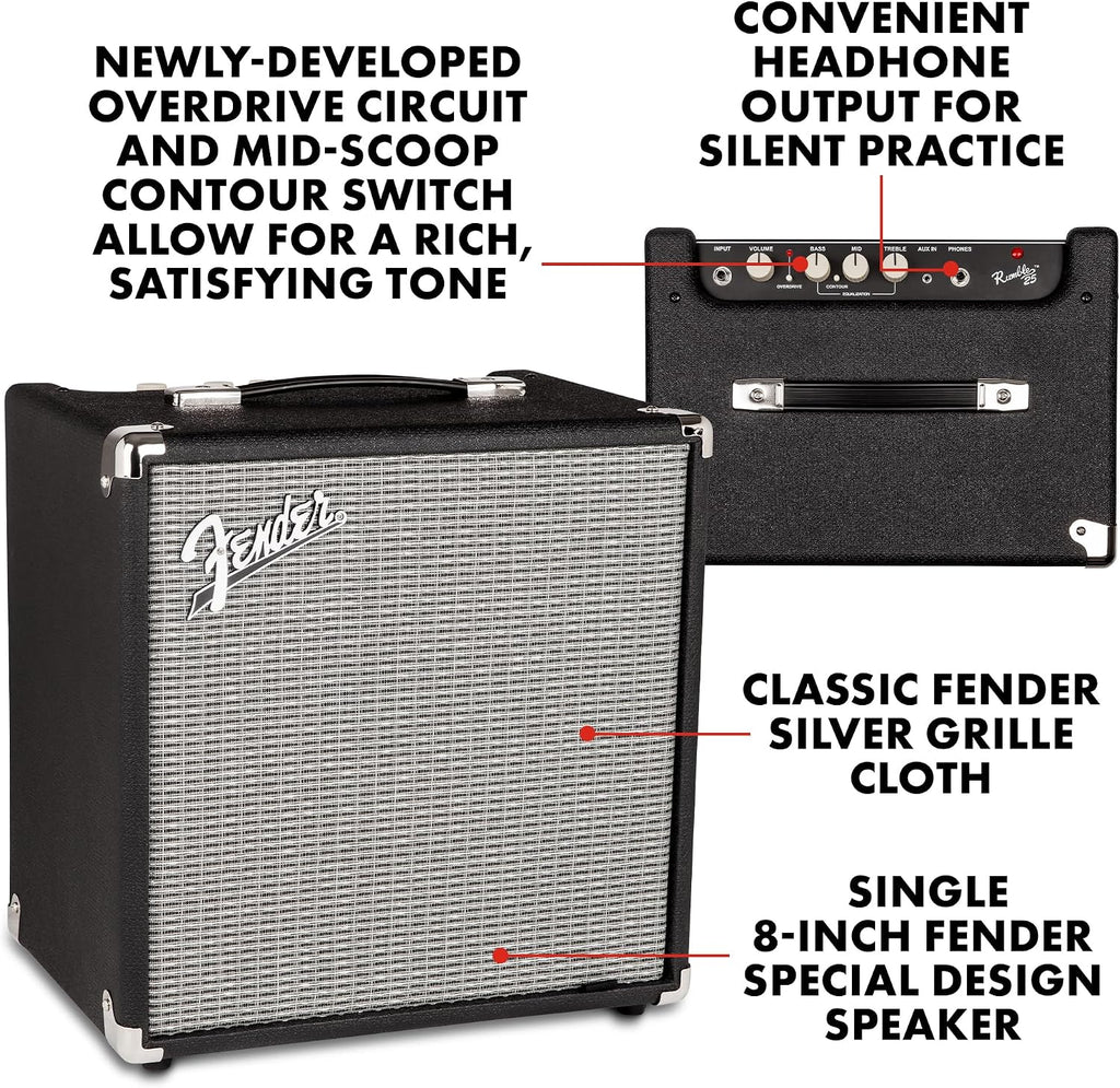 Fender Rumble 25 V3 Bass Guitar Amplifier, 25-Watt Combo Amp with 8' Speaker, Switchable Overdrive, Mid-Scoop Contour, Aux In & Headphone Out, with 2-Year Warranty