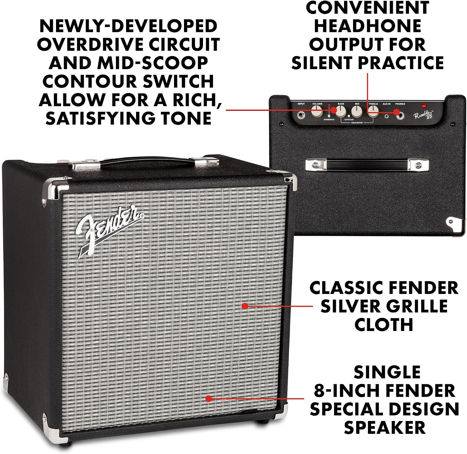 Fender Rumble 25 V3 Bass Guitar Amplifier, 25-Watt Combo Amp with 8' Speaker, Switchable Overdrive, Mid-Scoop Contour, Aux In & Headphone Out, with 2-Year Warranty