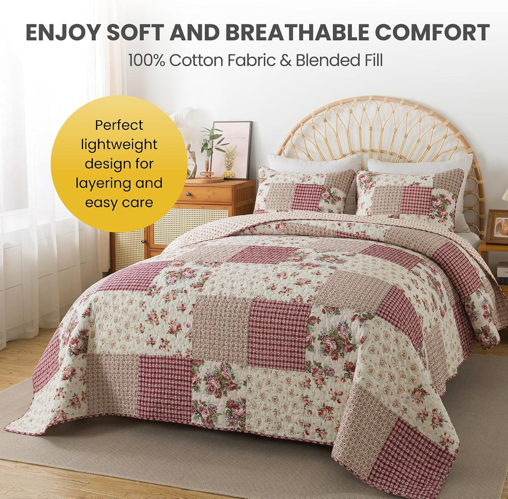 SLPR Country Roses Patchwork Cotton Pieced Quilt Set - King Size with 2 Shams, French Country Style Floral Bedding, Red Rose Farmhouse Quilted Bedspread with Flower Pattern