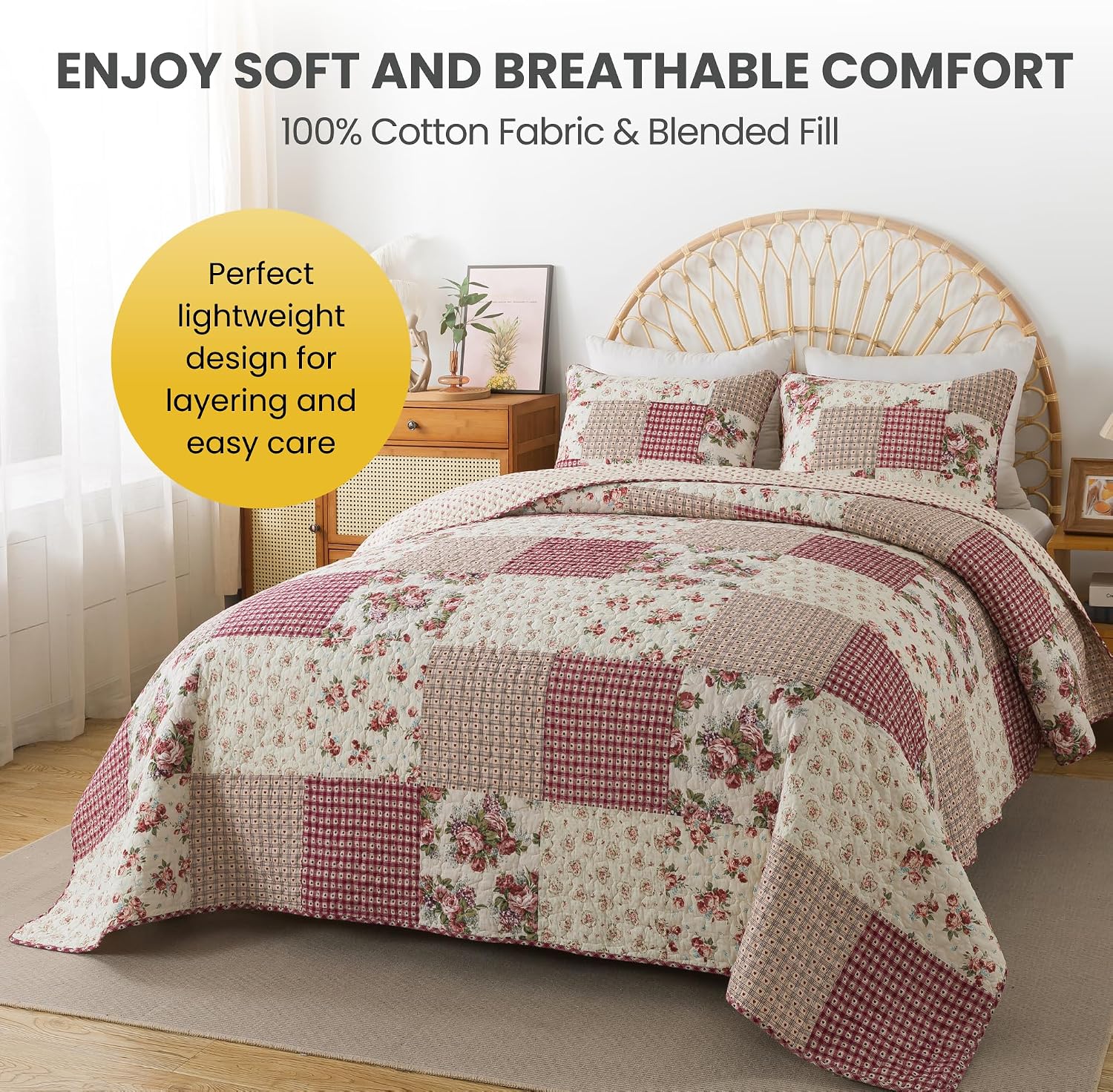 SLPR Country Roses Patchwork Cotton Pieced Quilt Set - King Size with 2 Shams, French Country Style Floral Bedding, Red Rose Farmhouse Quilted Bedspread with Flower Pattern