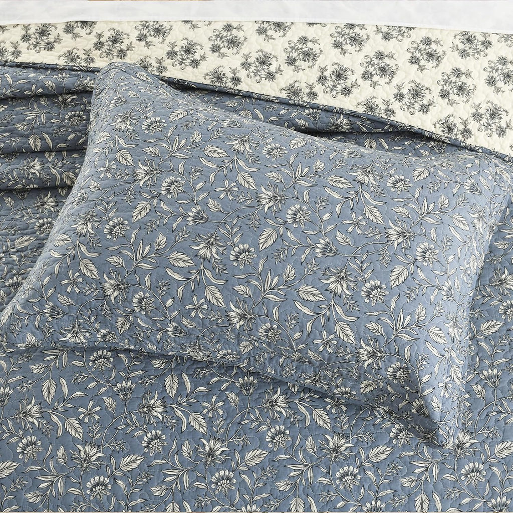 Floral Bedspread 128'x120' California King Bedspread, 100% Cotton XL Oversized King Quilt with 2 Pillowshams, Lightweight Botanical Quilted Bedspreads Coverlet Set, Blue/Gray/Beige, 3 Pcs