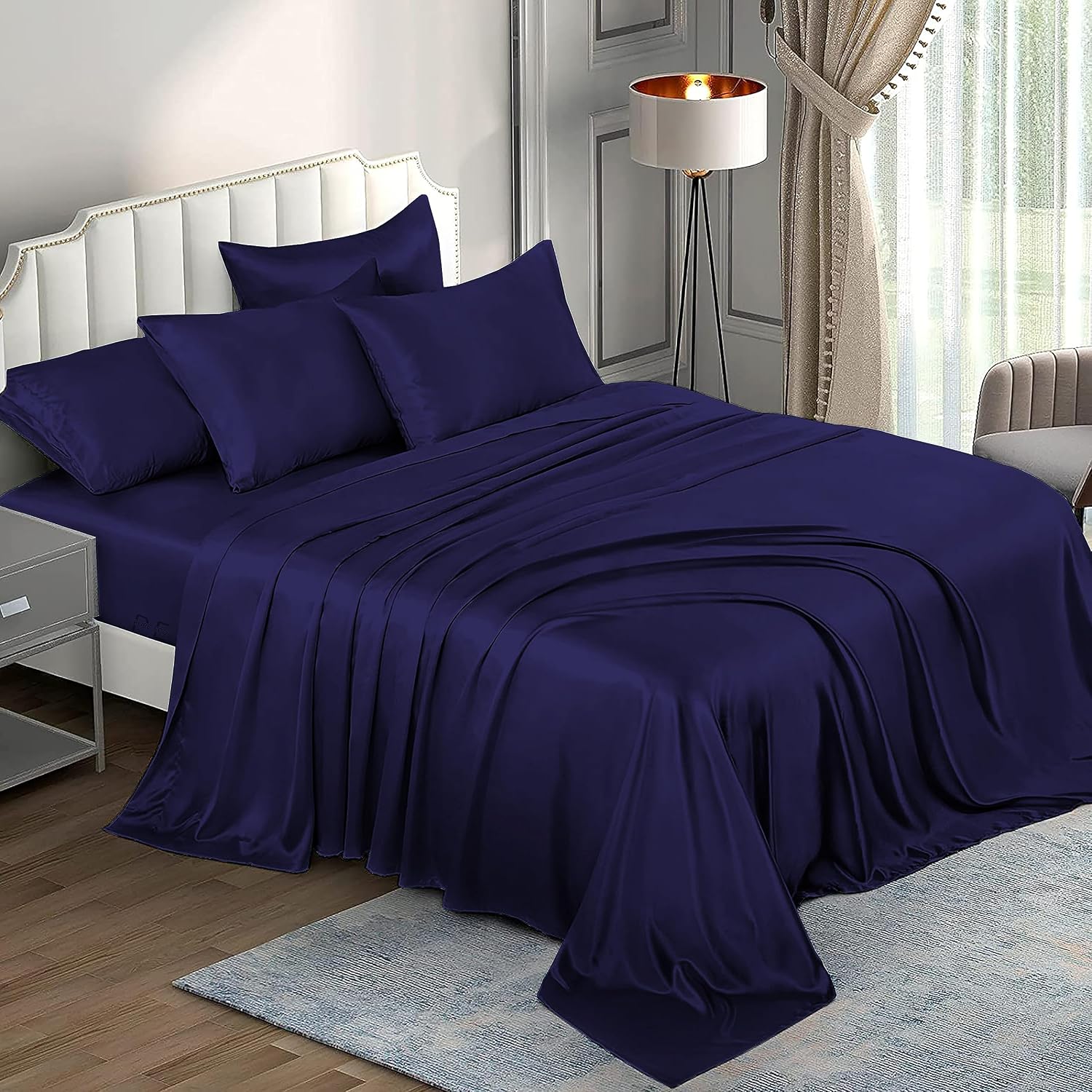 6 Piece Mulberry Silk Sheet Set Queen Size (60x80)+ Upto 16 Inch Deep Pocket Navy Blue Color Smooth Soft and Silk Bed Sheets Queen Size Bedding Set
