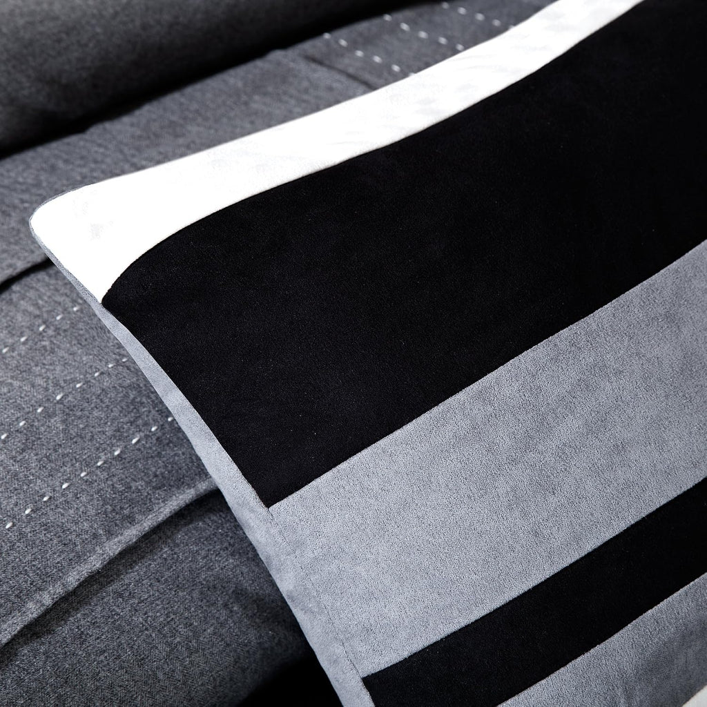 Madison Park Cozy Comforter Set Casual Blocks Design All Season, Matching Bed Skirt, Decorative Pillows, Cal King(104'x92'), Bridgeport Herringbone, Black Dark Grey, 7 Piece