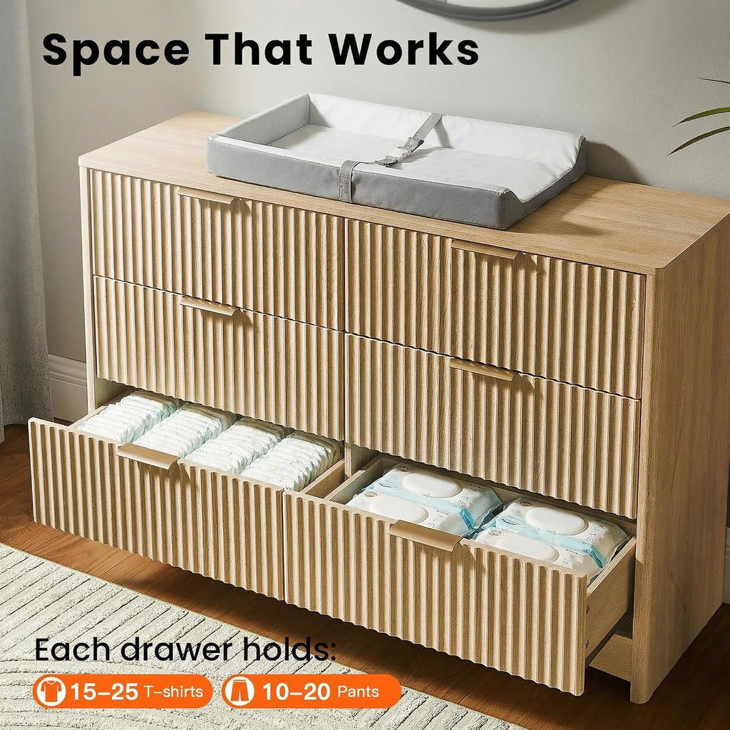 Pipishell Fluted Dresser for Bedroom, Wide Wooden Dresser with 6 Deep Drawers, Closet Storage Organizer with Round Corner & Pre-Installed Slides, Modern Chests of Drawers for Bedroom, Natural Oak