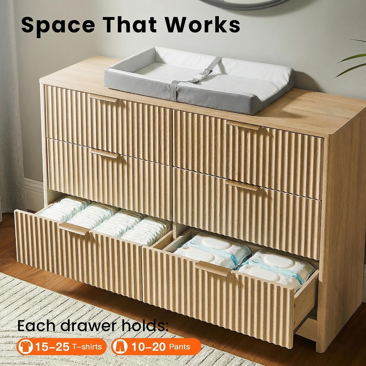 Pipishell Fluted Dresser for Bedroom, Wide Wooden Dresser with 6 Deep Drawers, Closet Storage Organizer with Round Corner & Pre-Installed Slides, Modern Chests of Drawers for Bedroom, Natural Oak