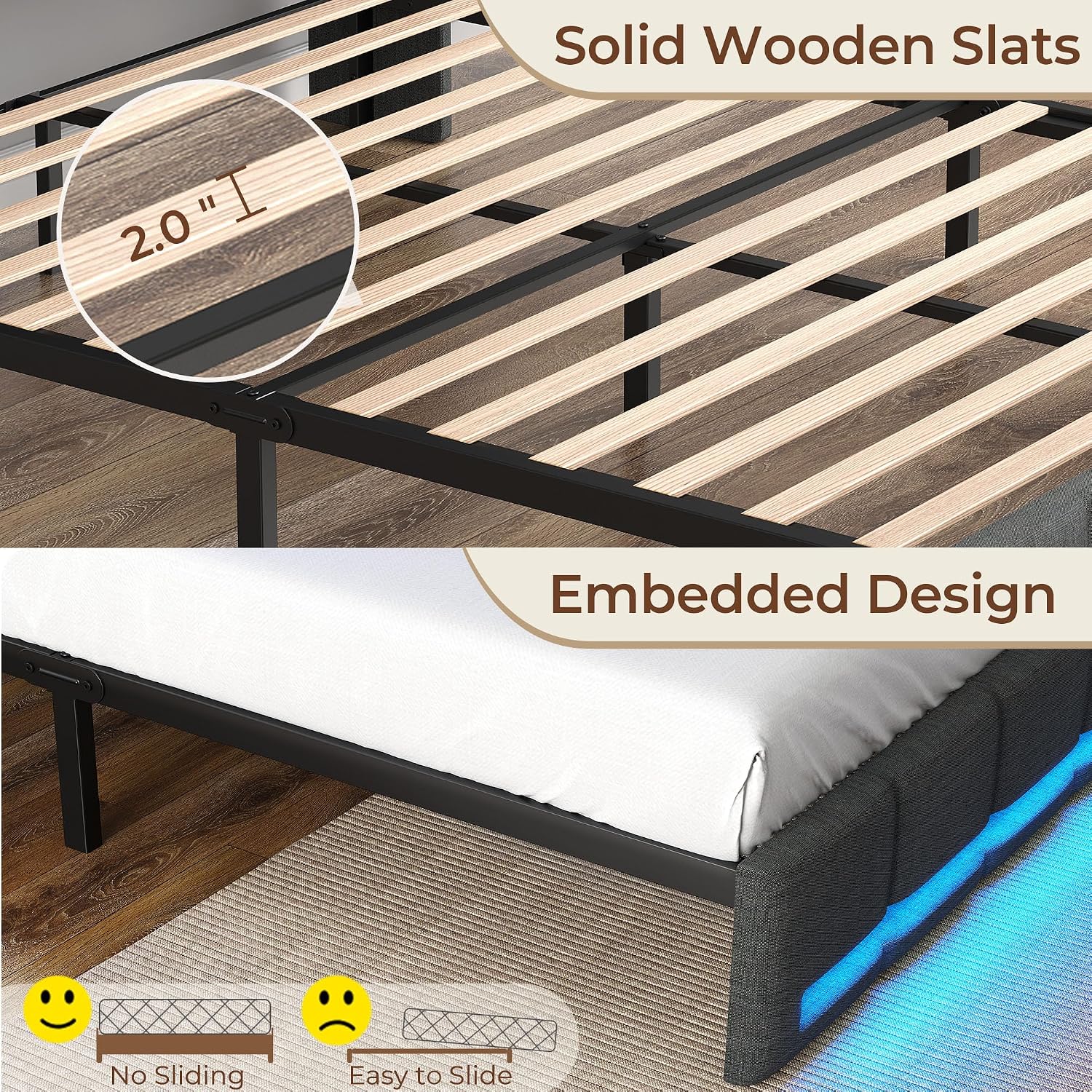 Rolanstar Full Size Bed Frame with LED Lights and Charging Station, Upholstered Headboard with 2-Tier Storage Shelves, Heavy Duty Metal Frame, Noise-Free Support, Easy Assembly, No Box Spring Needed