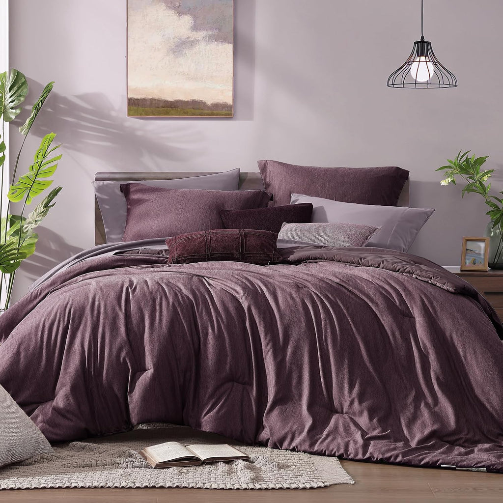Monbix Super King Comforter Set, Italian Plum Cationic Dyeing Bedding Set Reversible, Bed in a Bag 7 Pieces with Comforter, Sheets, Pillowcases & Shams