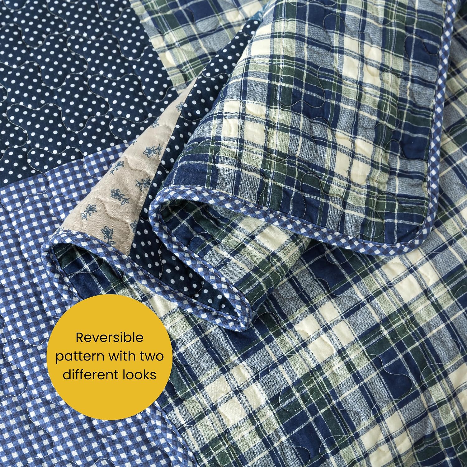 SLPR Blue Symphony Cotton Pieced Quilt Set - King with 2 Shams, Farmhouse Patchwork Quilted Bedspread with Check and Plaid Pattern, Lightweight and Cozy Country Checkered Bedding