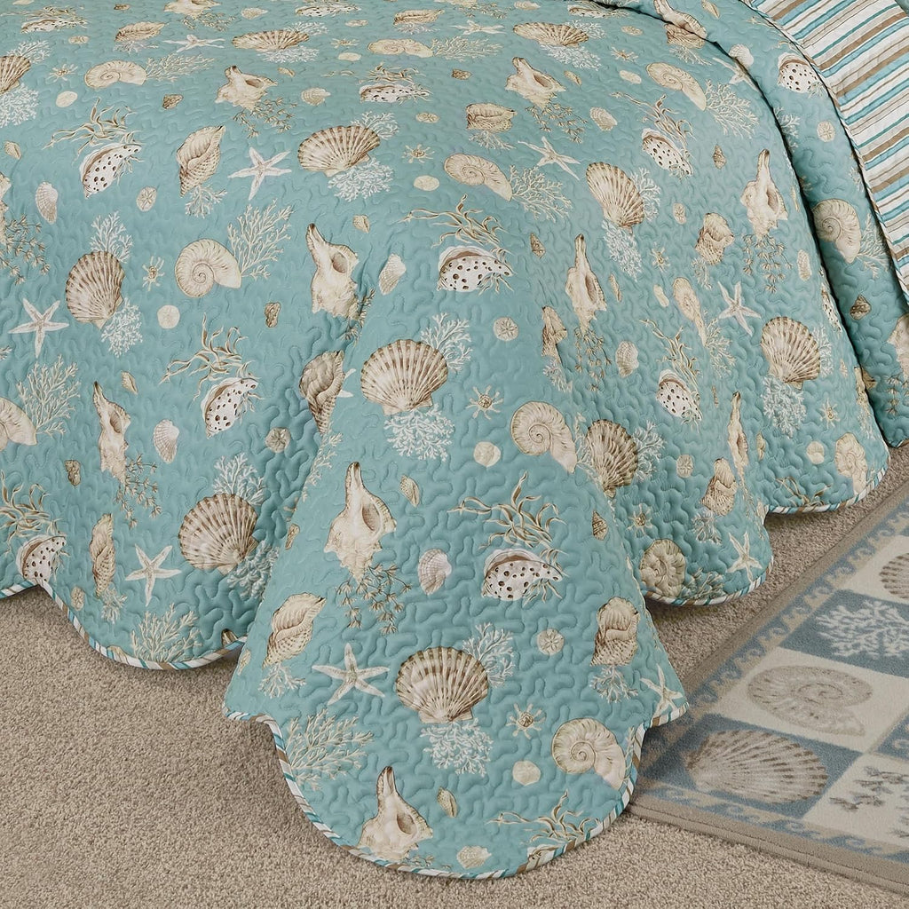 Touch of Class Seabreeze Coastal Beach Polyester Microfiber Bedding | All Season Quilted | Shell Starfish Coral Stripe | Aqua Teal Ivory Cream | 3 Pc Set: King Bedspread and 2 King Shams