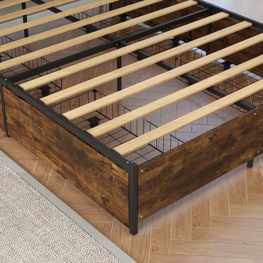 Panana Full/Queen Size Bed Frame with 4 Storage Drawers and Headboard, 2 Tier Shelves Headboard Storage, with Slats, Noise Free, No Box Spring Needed (Vintage Brown, Queen)