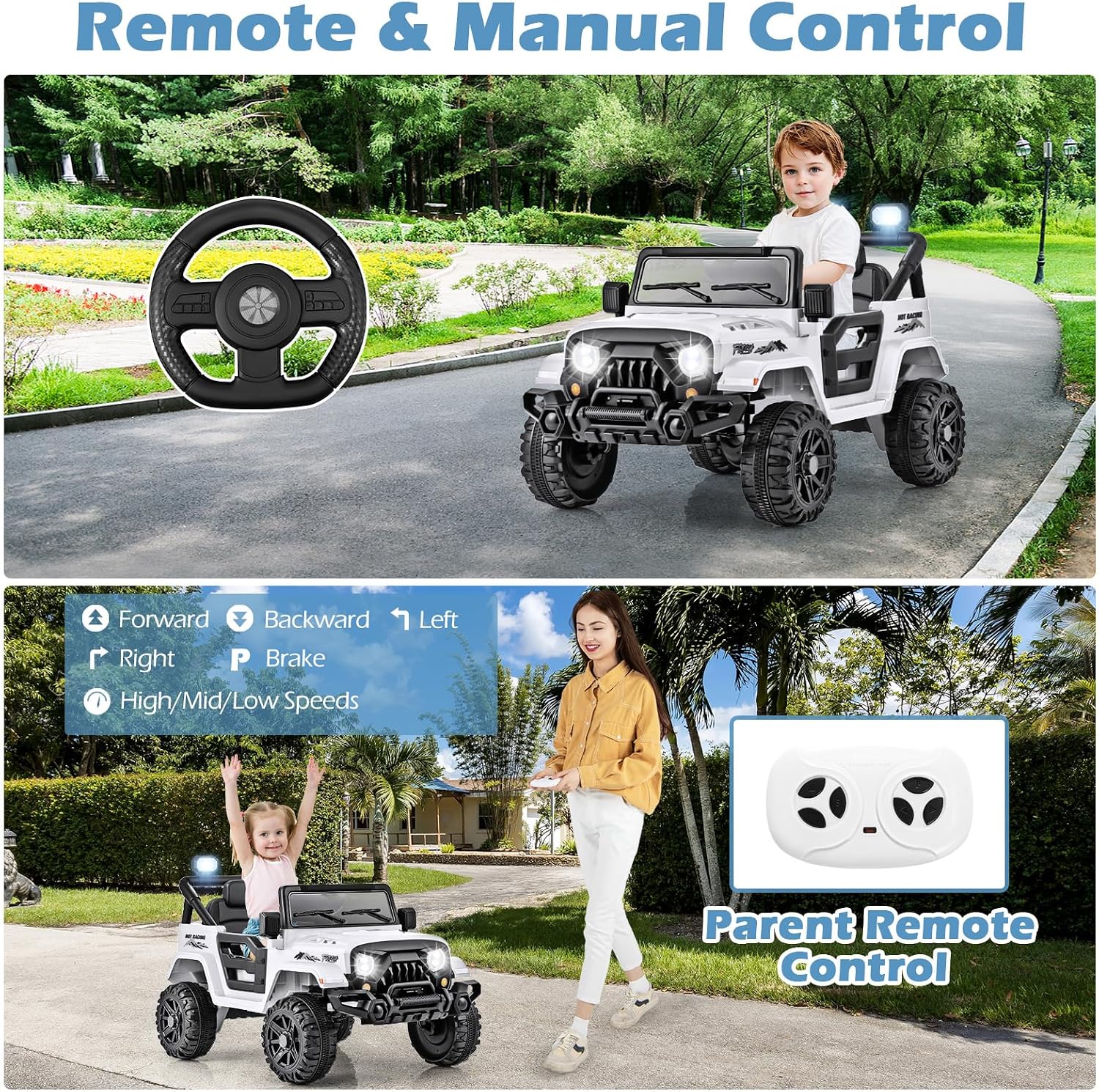 OLAKIDS Ride on Truck, 12V Battery Powered Electric Vehicle for Kids with Remote Control, Bluetooth, Power Display, LED Lights, Music Player, Ride on Toy for 3+ Boys Girls (White)