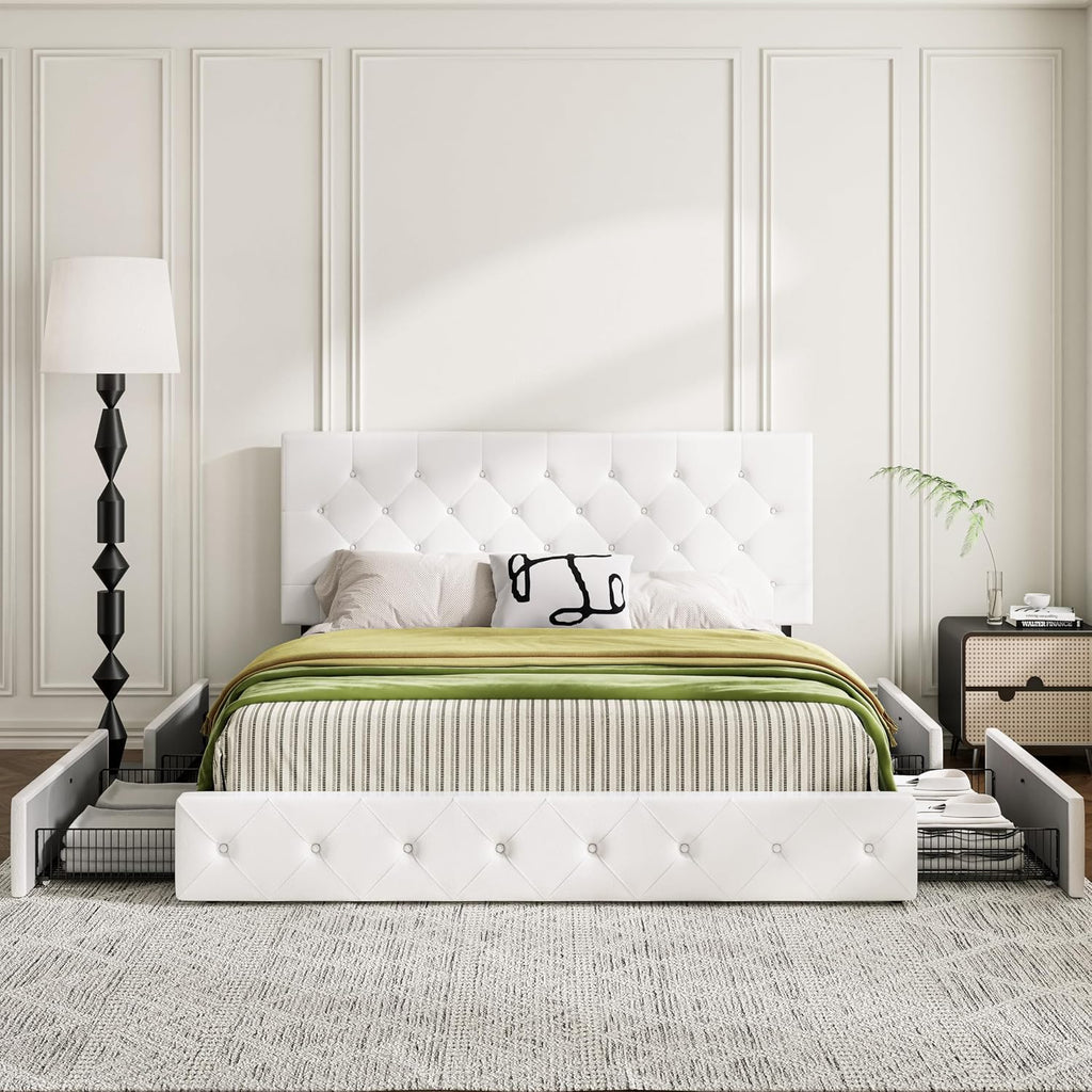 MUTICOR King Size Bed Frame with 4 Storage Drawers, Upholstered Platform Bed with Button Tufted Adjustable Headboard, No Box Spring Needed, Easy Assembly, Diamond Tufted, White Leather