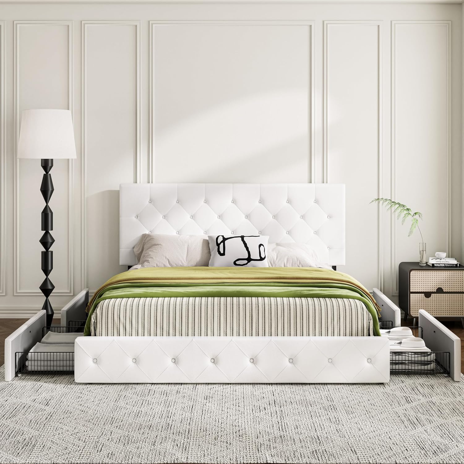 MUTICOR King Size Bed Frame with 4 Storage Drawers, Upholstered Platform Bed with Button Tufted Adjustable Headboard, No Box Spring Needed, Easy Assembly, Diamond Tufted, White Leather
