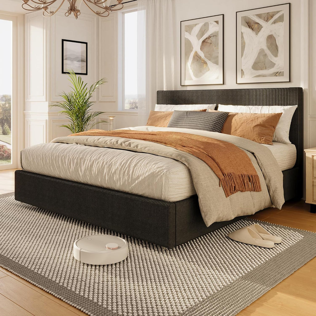 GarveeHome Bed Frame, King Size Platform Bed with 4 Storage Drawers, Upholstered Corduroy Channel Tufted Headboard Bed Frame with Strong Wooden Slat Support, No Box Spring Needed, Black