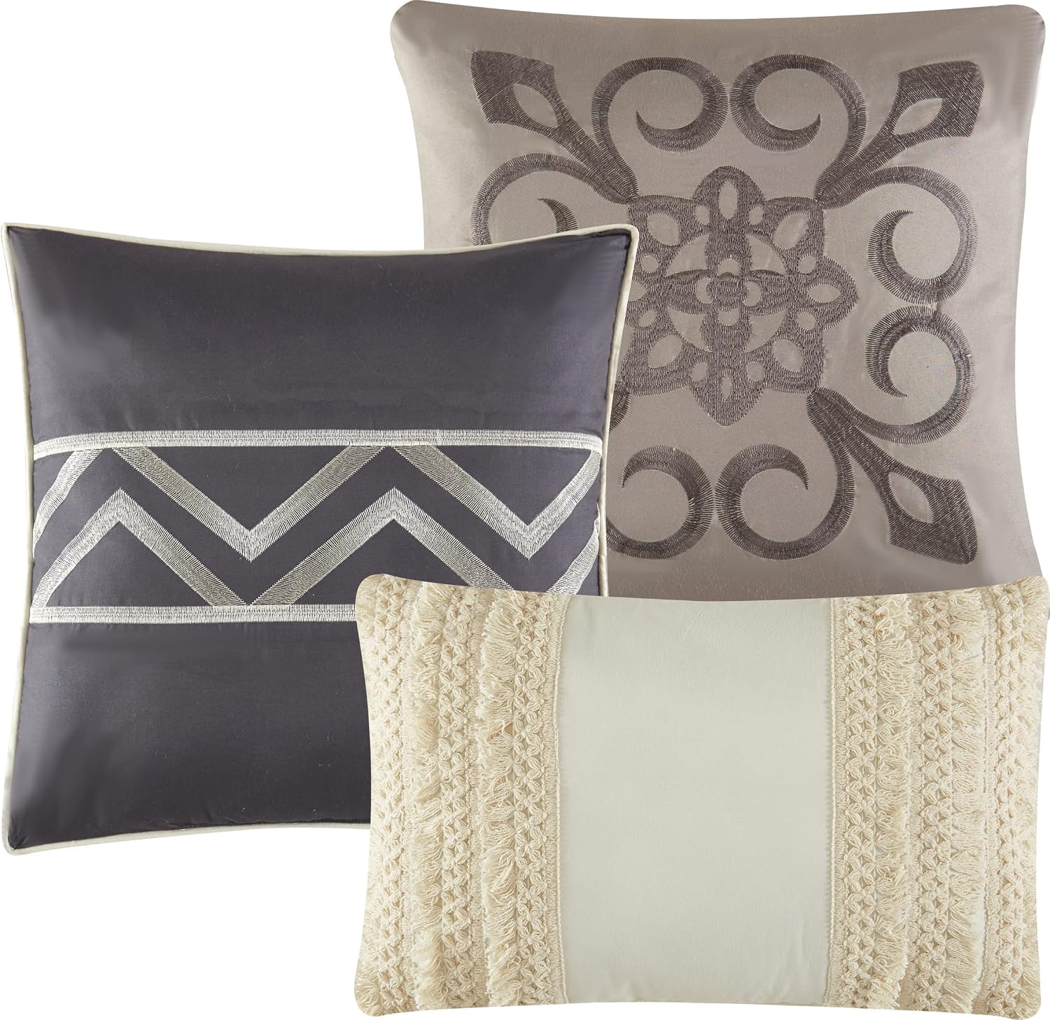 Stratford Park Beige/Ivory Boho Geometric California King Comforter Set, 7 Piece, Print & Terry Embroidery Home Decor, Premium Lightweight Microfiber