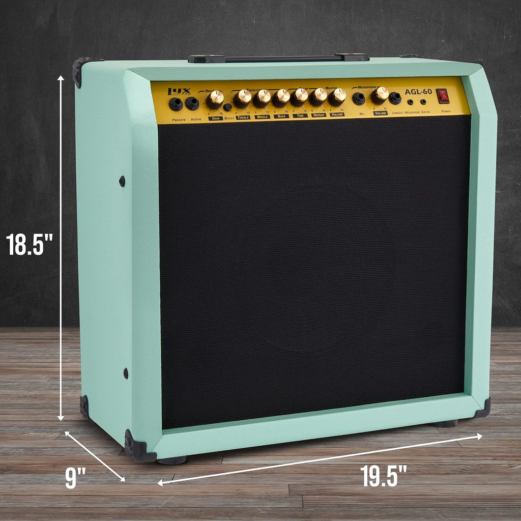 LyxPro 60 Watt Electric Guitar Amplifier | Combo Solid State Studio & Stage Amp with 10' 4-Ohm Speaker, Custom EQ Controls, Drive, Delay, ¼' Passive/Active/Mic Inputs, Aux In & Headphone Jack - Green