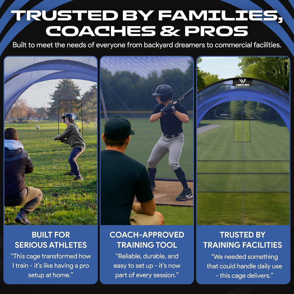 Portable 22ft x 12ft x 8ft Baseball & Softball Batting Cage – Easy to Install Hitting Cage with Pitching Machine Hole, 3-Ply Blue Netting, 14mm Fiberglass Poles, Secure Steel Frame & Carry Bag Include