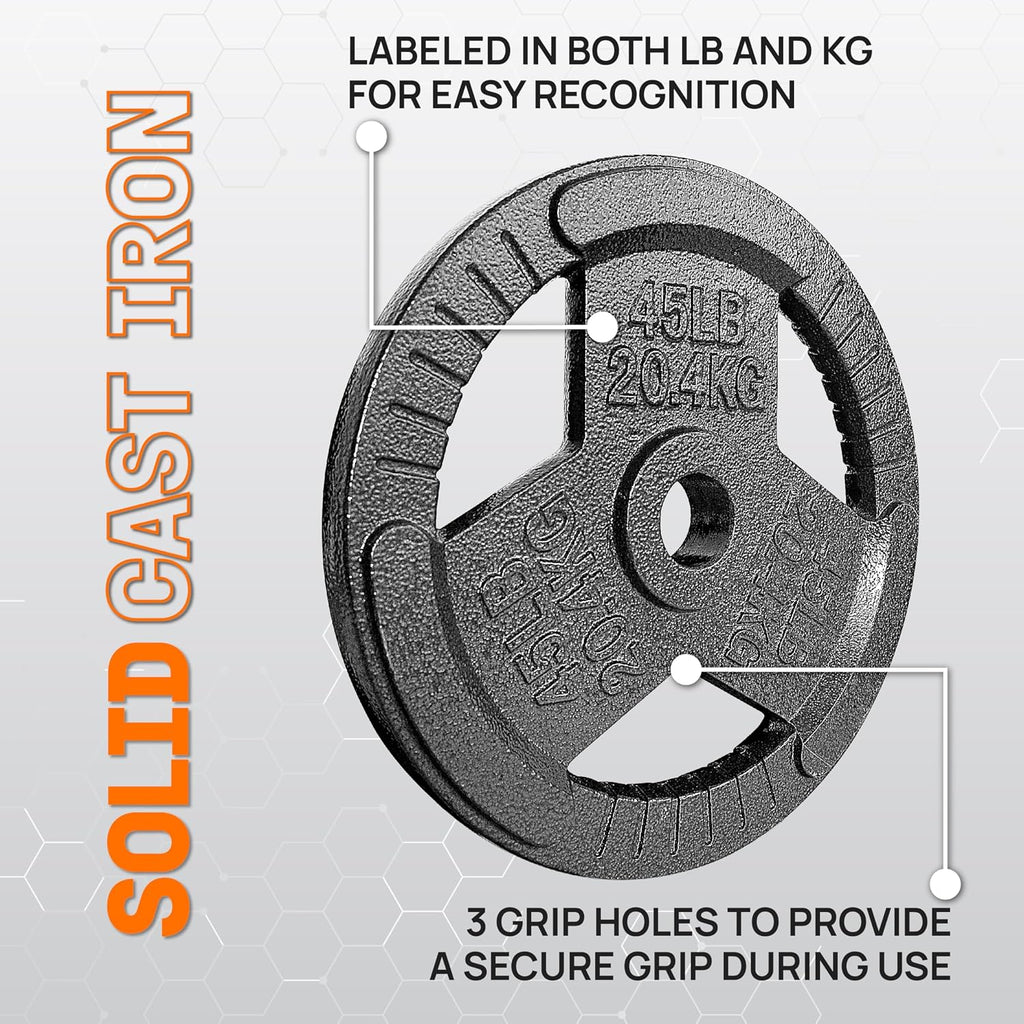 Yes4All Tri-Grip Handles Cast Iron Olympic Weight Plates, 2-Inch Weight Plates for Weight Lifting with Smooth and Durable Finish, Suitable for Strength Training Exercises (Single, Pair and Set)