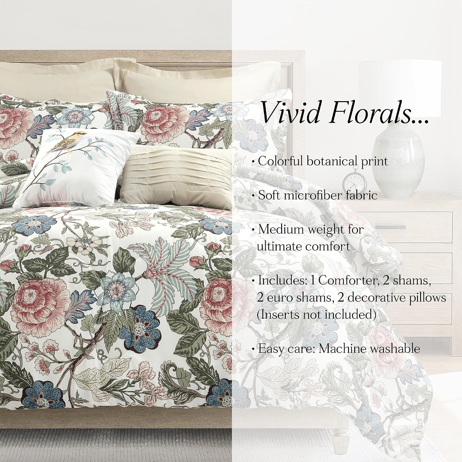 Lush Decor Sydney Floral Comforter Set, 7 Piece Set, Full/Queen, Green & Blue - Fully Styled Bedding Queen Size Comforter Set - Colorful Floral Print - Cottage Core Decor - Coquette Bedding