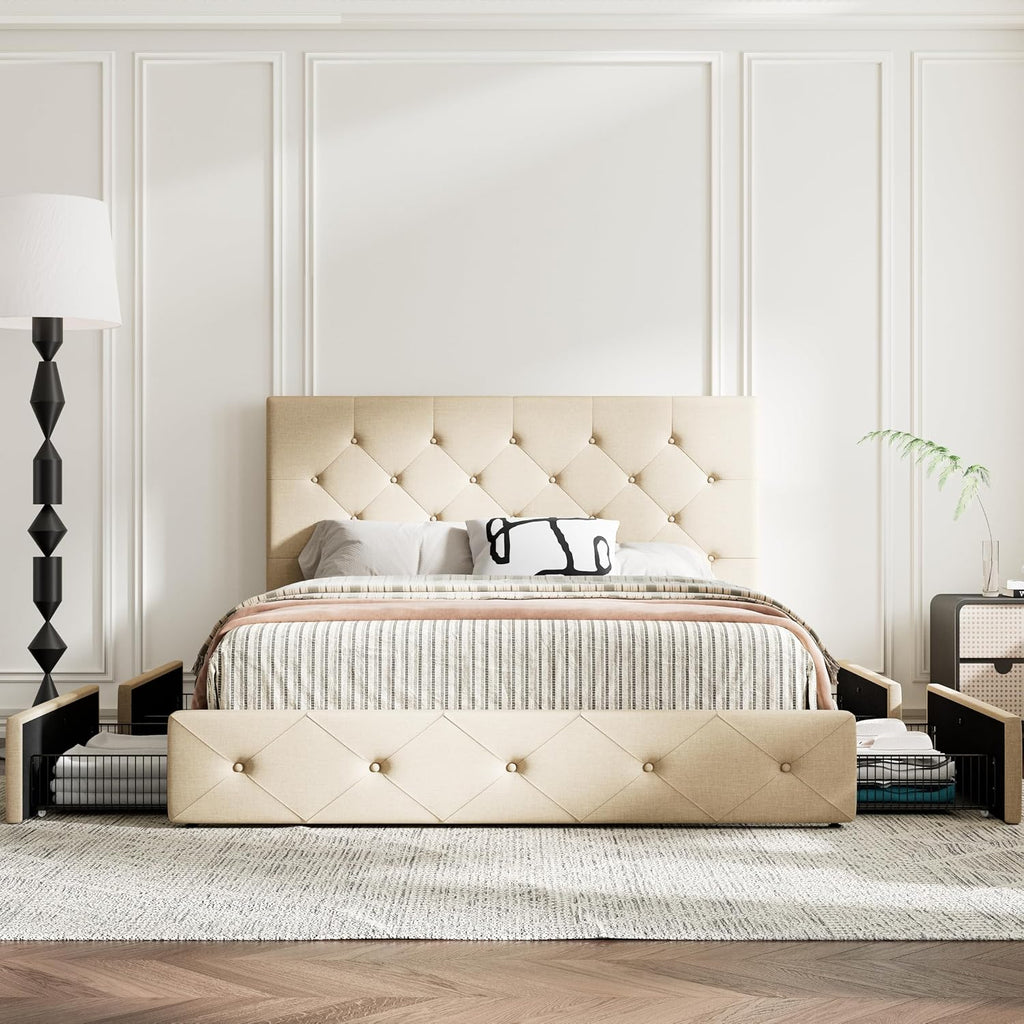 MUTICOR Full Size Bed Frame with 4 Storage Drawers, Upholstered Platform Bed with Button Tufted Adjustable Headboard, No Box Spring Needed, Easy Assembly, Diamond Tufted, Beige Fabric