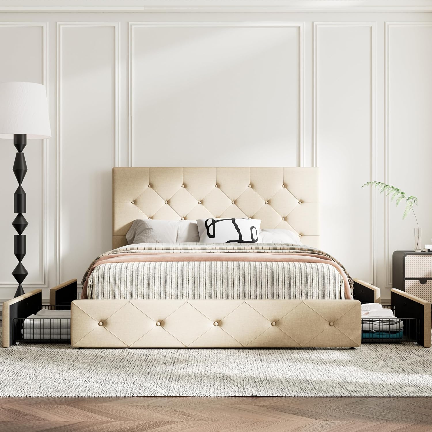 MUTICOR Full Size Bed Frame with 4 Storage Drawers, Upholstered Platform Bed with Button Tufted Adjustable Headboard, No Box Spring Needed, Easy Assembly, Diamond Tufted, Beige Fabric