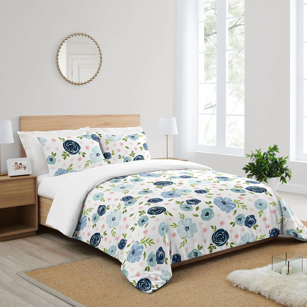 Sweet Jojo Designs Navy Blue and Pink Watercolor Floral Girl Full/Queen Size Kid Childrens Bedding Comforter Set - 3 Pieces - Blush, Green and White Shabby Chic Rose Flower