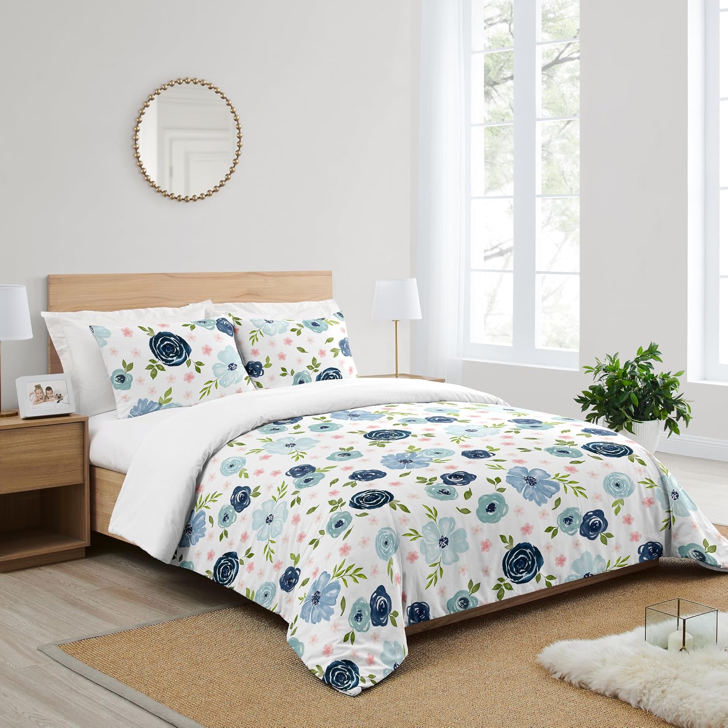 Sweet Jojo Designs Navy Blue and Pink Watercolor Floral Girl Full/Queen Size Kid Childrens Bedding Comforter Set - 3 Pieces - Blush, Green and White Shabby Chic Rose Flower