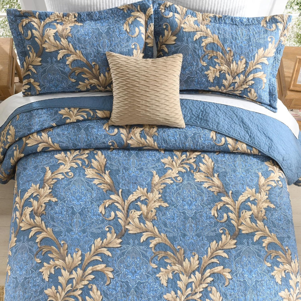 King Size Quilt Set - Blue and Brown Quilt King, 100% Cotton Damask Bedspread Set 3 Piece, Classic Elegant Lightweight Comforter, Reversible Quilt Bedding Set for All Season