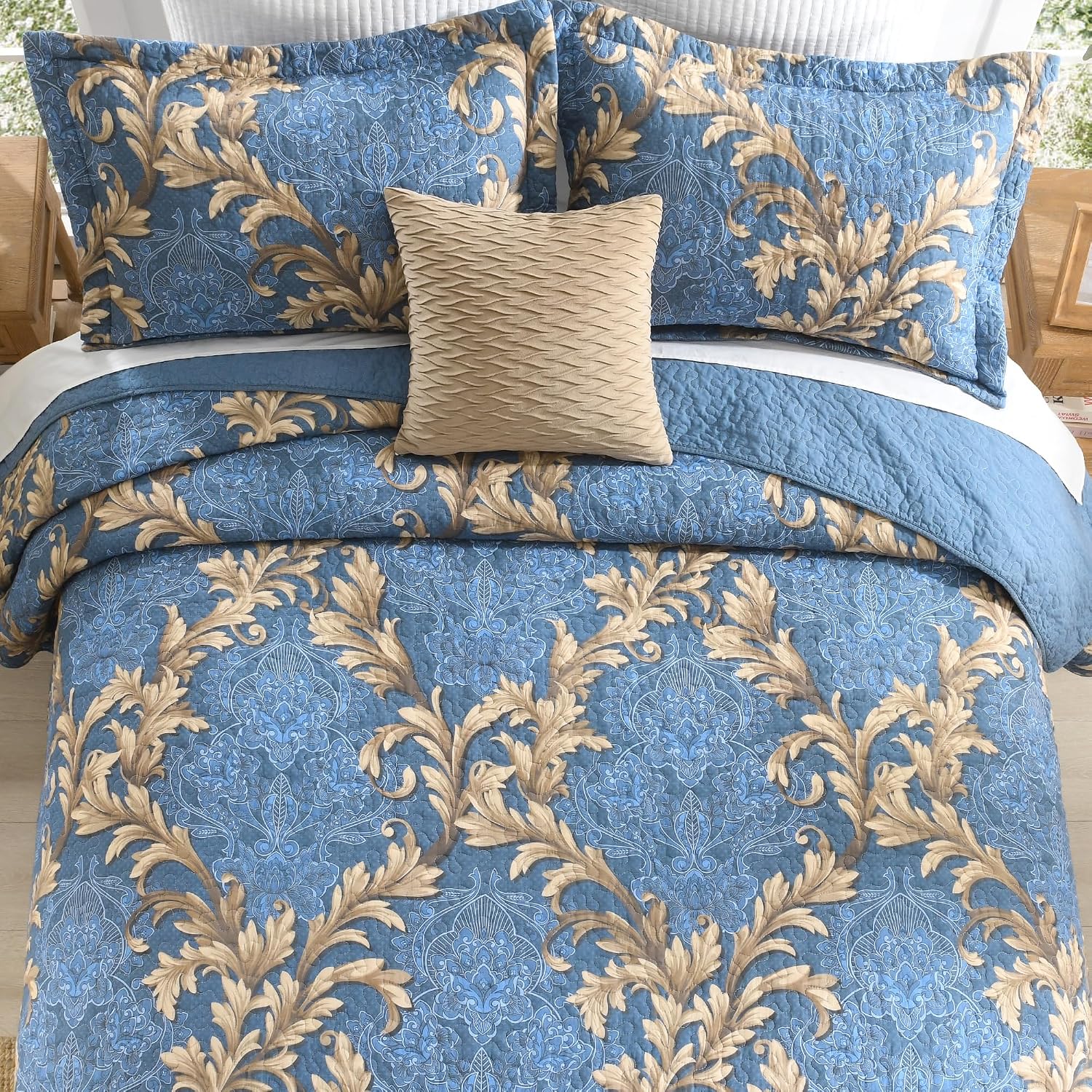 King Size Quilt Set - Blue and Brown Quilt King, 100% Cotton Damask Bedspread Set 3 Piece, Classic Elegant Lightweight Comforter, Reversible Quilt Bedding Set for All Season