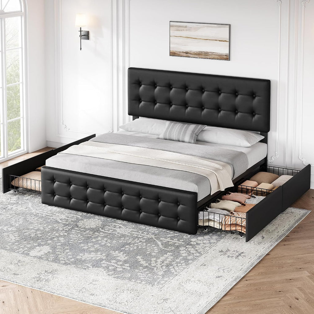 GAOMON King Size Bed Frame with 4 Drawers and Adjustable Headboard, PU Leather Upholstered Platform Bed with Button Tufted Design, No Box Spring Needed, Strong Wooden Slats, Black