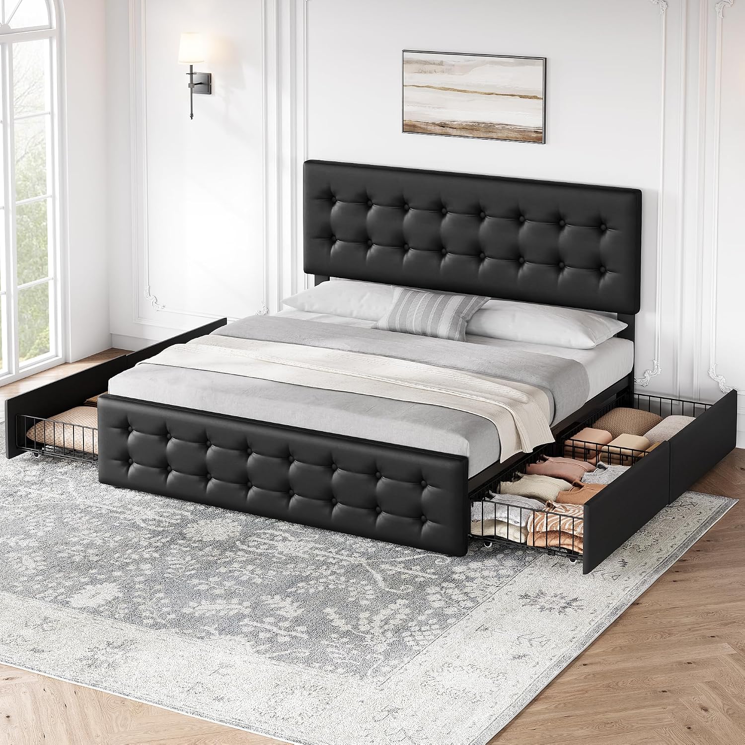 GAOMON King Size Bed Frame with 4 Drawers and Adjustable Headboard, PU Leather Upholstered Platform Bed with Button Tufted Design, No Box Spring Needed, Strong Wooden Slats, Black
