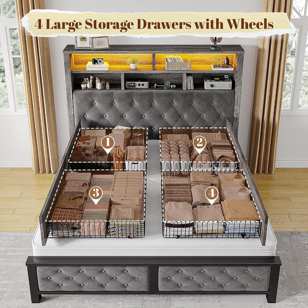 EnHomee Full Size Bed Frame with 4 Storage Drawers and Headboard Upholstered,Wooden Full Bed Frame with Charging Station and LED Light,NO Noise,No Box Spring Needed,Dark Gray