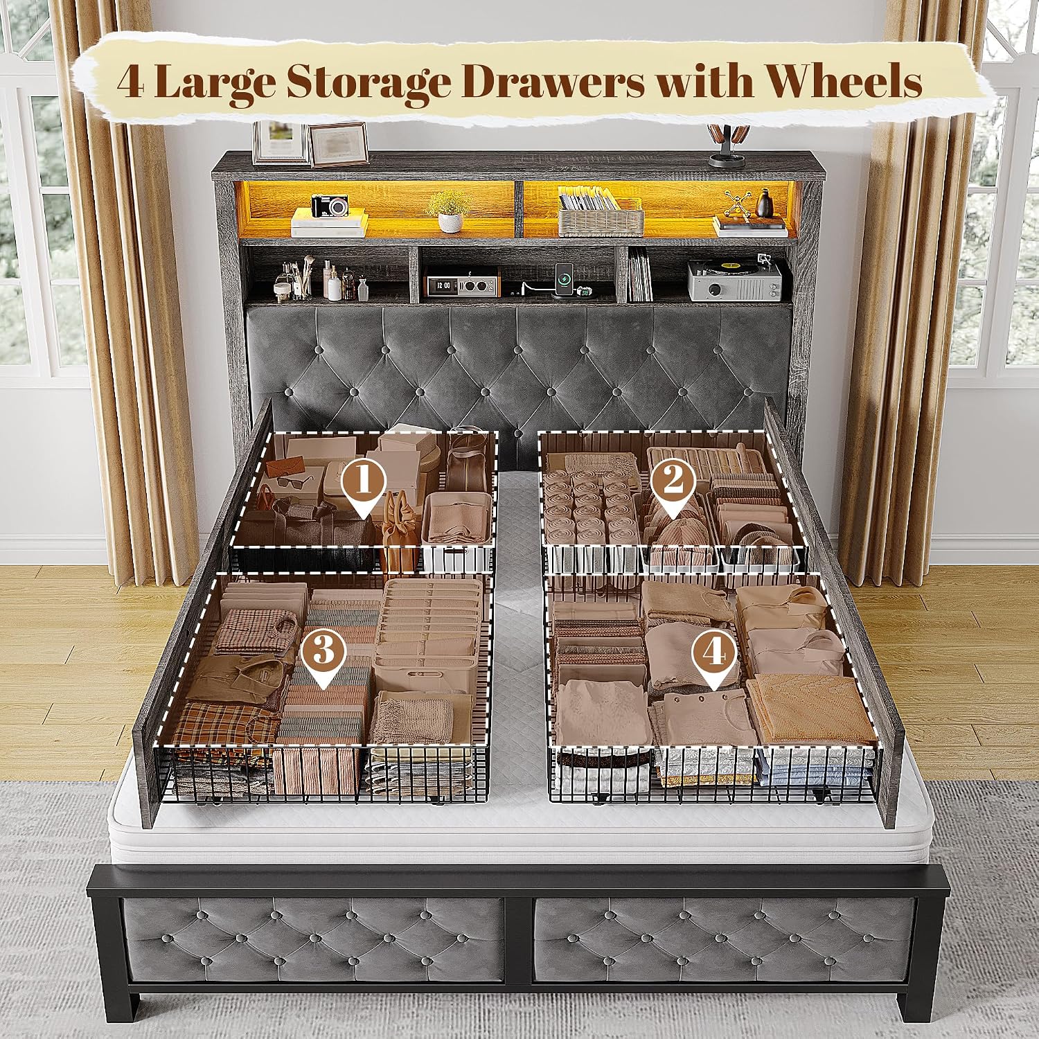 EnHomee Full Size Bed Frame with 4 Storage Drawers and Headboard Upholstered,Wooden Full Bed Frame with Charging Station and LED Light,NO Noise,No Box Spring Needed,Dark Gray