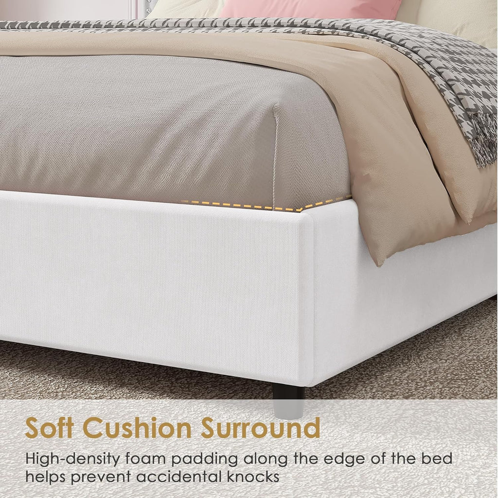 VECELO Queen Size Upholstered Bed Frame with 4 Storage Drawers, Adjustable Velvet Rivet Decor Headboard, Wooden Slats Platform Support, No Box Spring Needed, Easy Assembly,White