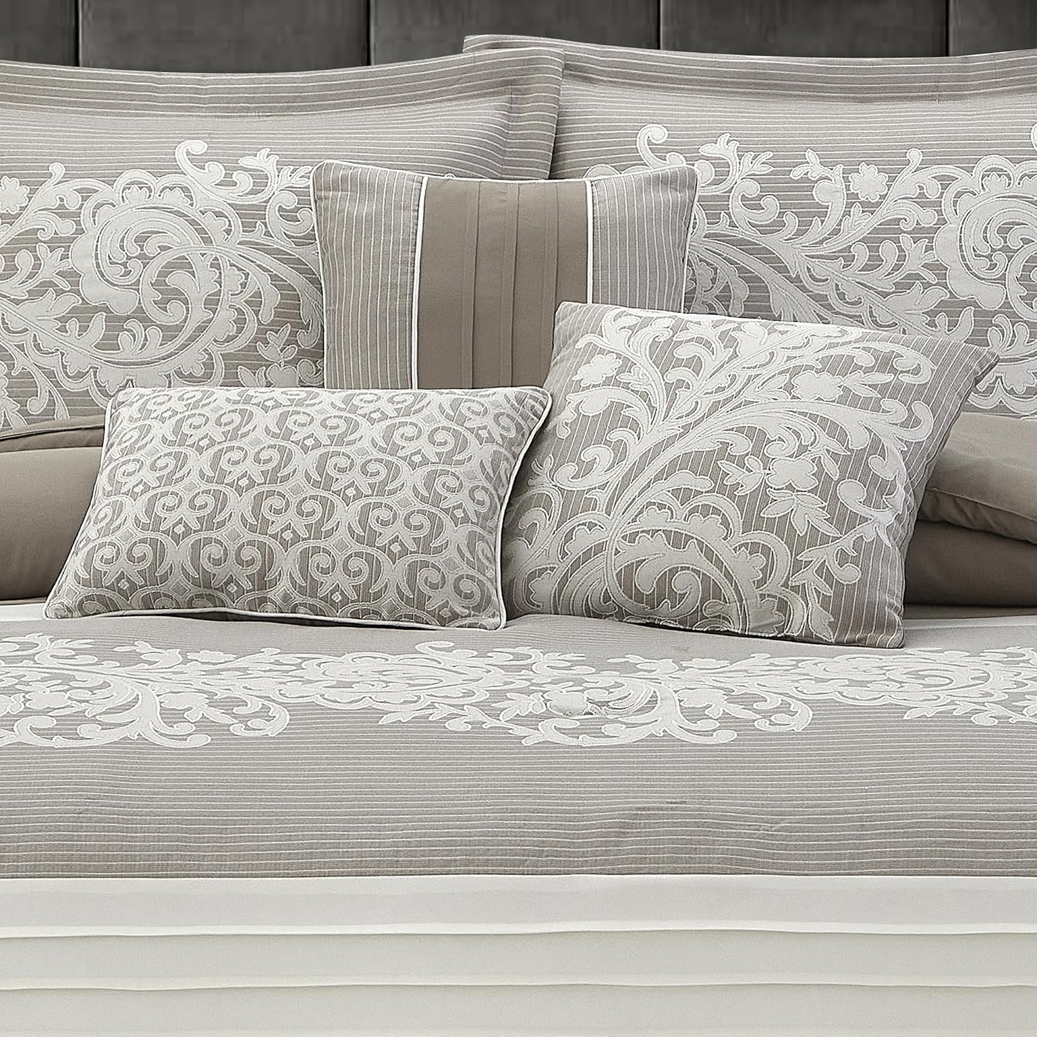 LANCO MODERN LIFESTYLE Taupe Comforter Set, King, Damask Jacquard with Matching Solid Piece Work, 7 Piece Soft Bedding Set for All Season, Bed Skirt, Pillow Shams and Decorative Pillows