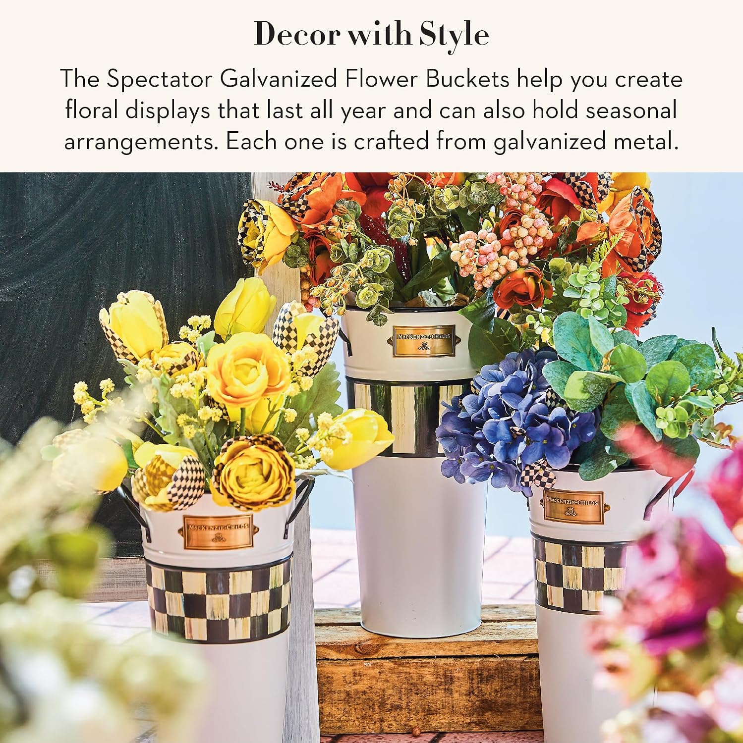 MACKENZIE-CHILDS Galvanized Flower Buckets, Decorative Metal Buckets, Spectator, Set of 3