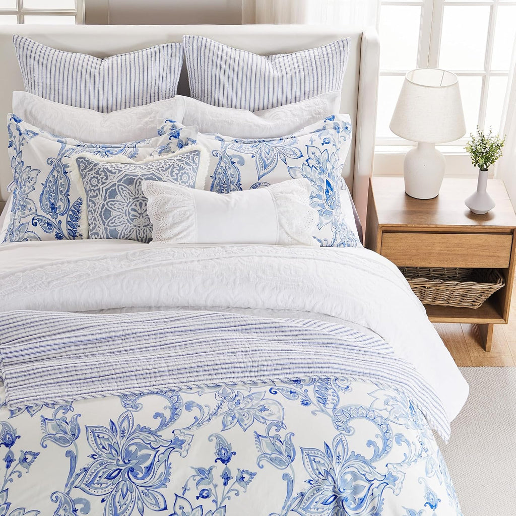 Levtex Home - Bennett Duvet Cover Set - Twin Duvet Cover + One Standard Pillow Case - Floral Paisley - Blue and White - Duvet Cover (68 x 88in.) and Pillow Case (26 x 20in.) - Cotton