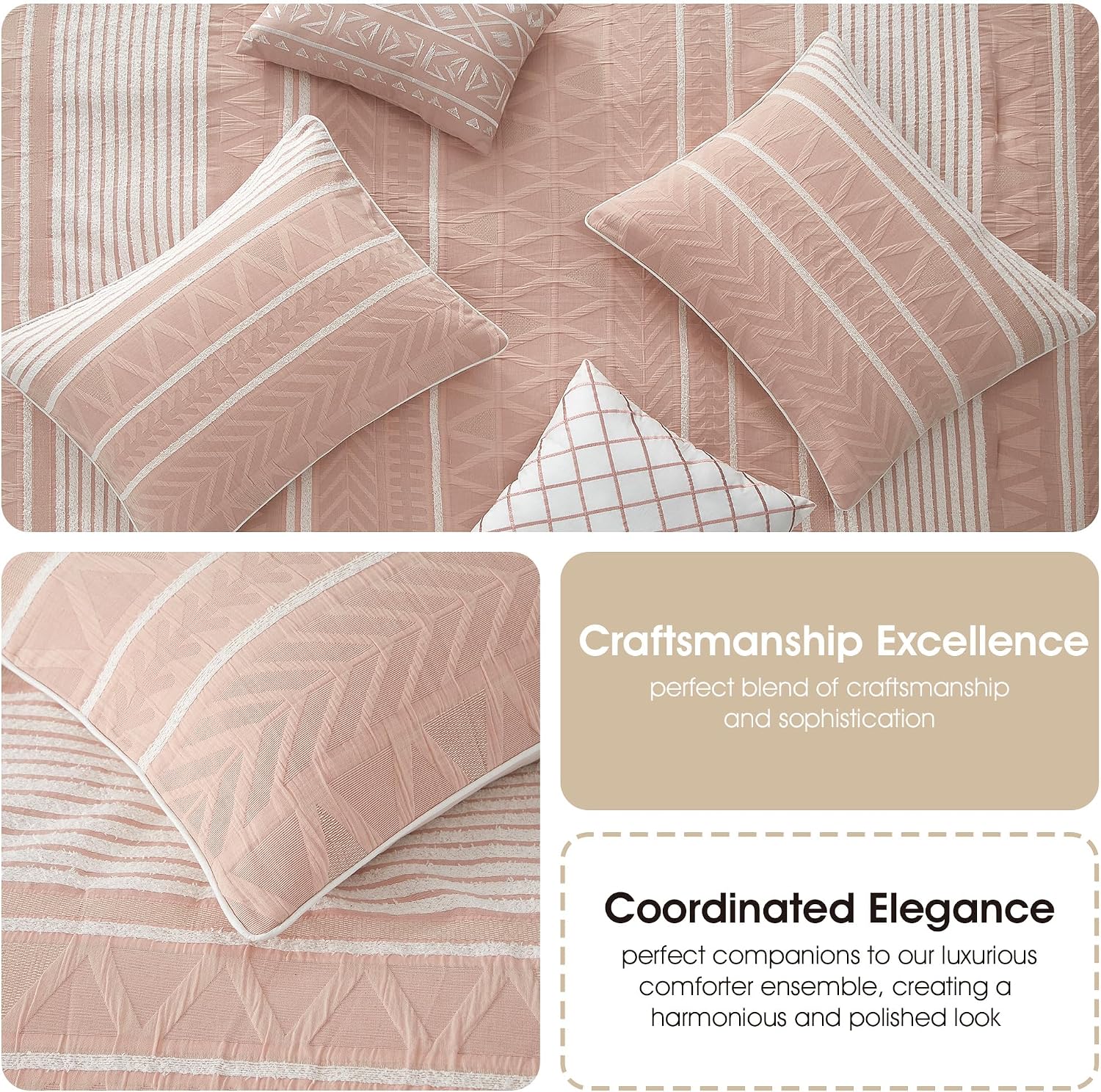 Grand Avenue Cotton King Size Comforter Set, 6 Piece, Blush Geometric Jacquard Bedding Set, Bedskirt, Pillows & Shams, Home Decor
