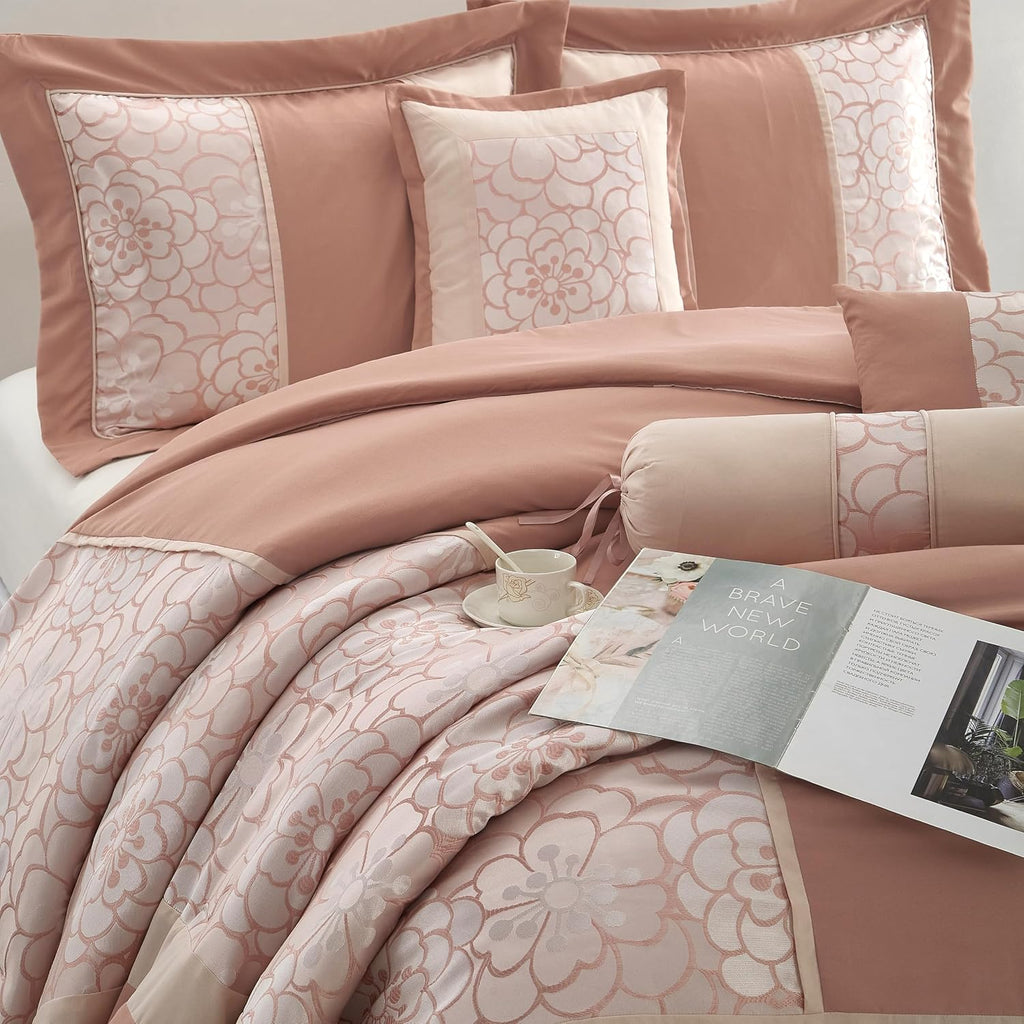 Grand Avenue Blush Comforter Set King Size, 7 Piece Jacquard Soft Bedding Set, All Season, Bedskirt, Pillows & Shams