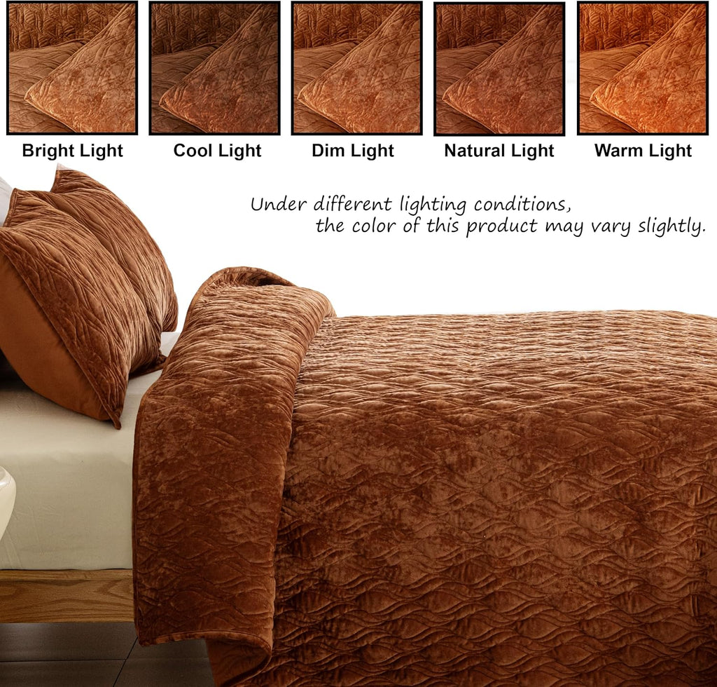 Luxury Oversized King Quilt 120x120 Bedspreads Coverlet Bedding Set Velvet Comforter King Size 3 Pieces Set with 1 Quilted Beauty Bedspreads and 2 Pillow Shams 20x36,Caramel