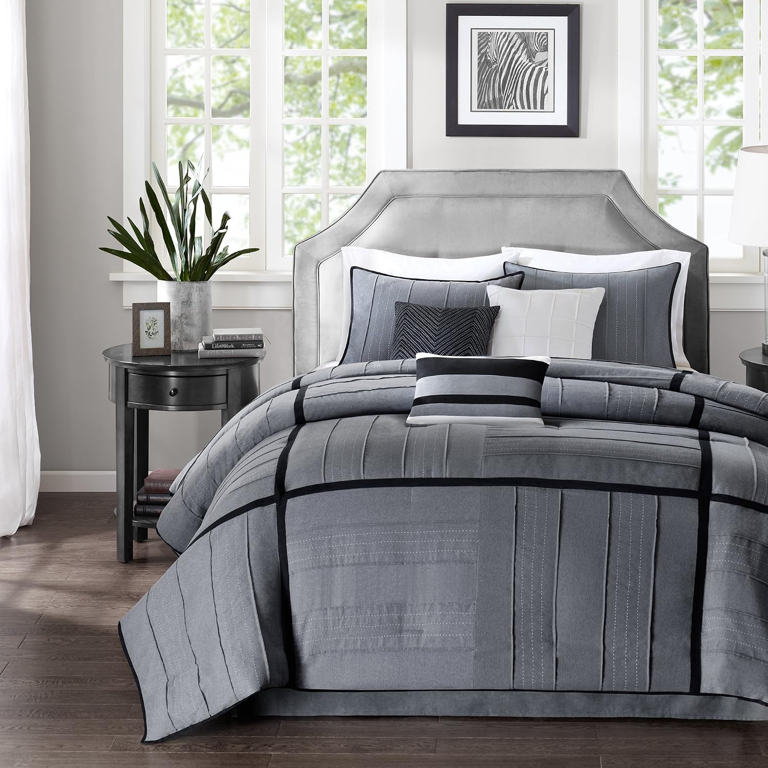 Madison Park Cozy Comforter Set Casual Blocks Design All Season, Matching Bed Skirt, Decorative Pillows, Cal King(104'x92'), Bridgeport Herringbone, Black Dark Grey, 7 Piece