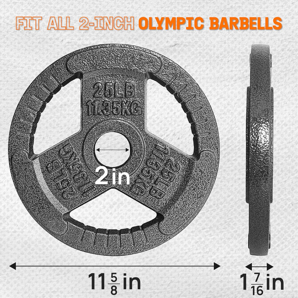 Yes4All Tri-Grip Handles Cast Iron Olympic Weight Plates, 2-Inch Weight Plates for Weight Lifting with Smooth and Durable Finish, Suitable for Strength Training Exercises (Single, Pair and Set)