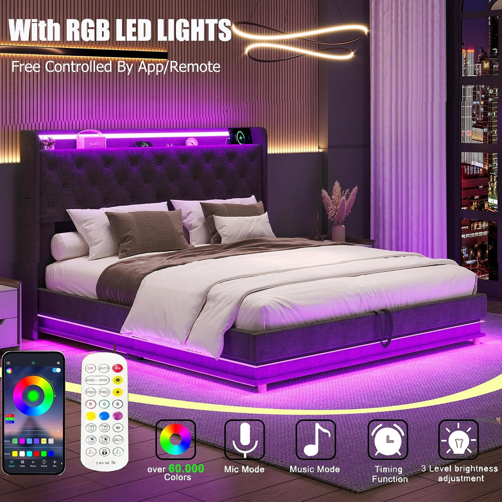 Ailisite Full Size Bed Frame with Headboard, Lift Up Storage Bed Frame with Charging Station&Led Lights,Upholstered Platform Bed with Tufted Wingback Storage Headboard, Hydraulic System,Wood Slat,Grey