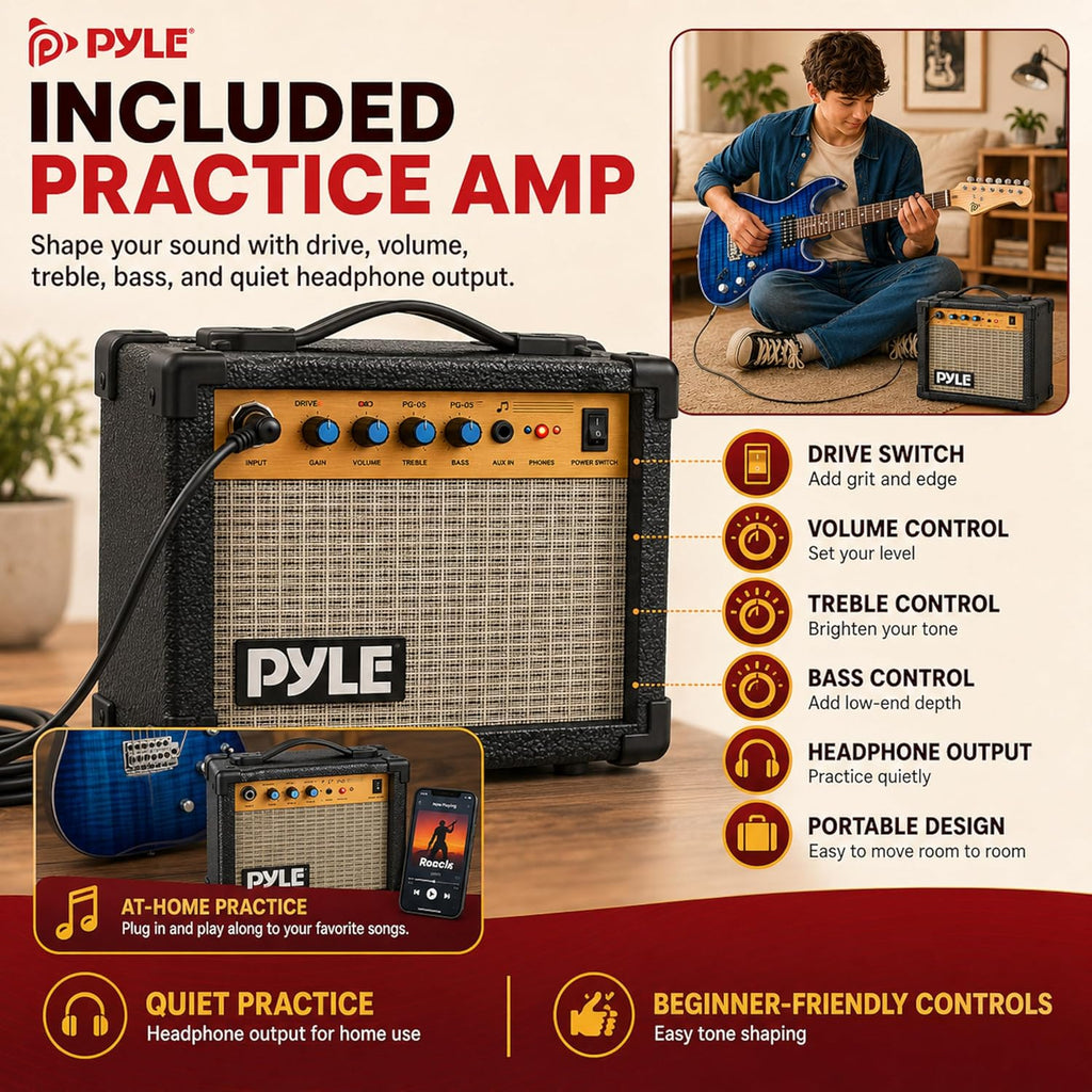 Pyle Electric Guitar Kit with Amp, Full Size Instrument with Humbucker Pickups, Guitarra Electrica Amplifier and Beginner Bundle Accessories, 39' Blue