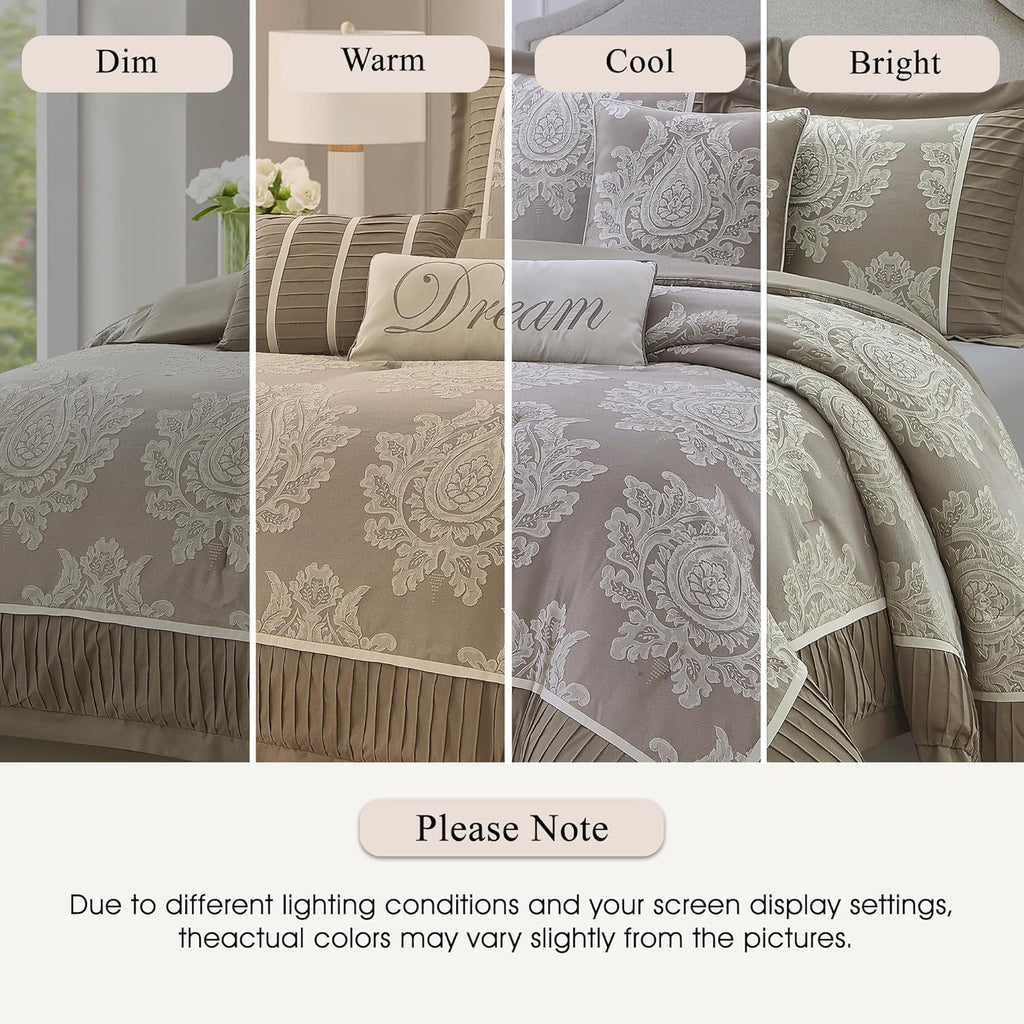 Stratford Park Beige Comforter Set, Bed Size California King,7 Pieces Jacquard Bedding Set, All Season, Matching Bedskirt, Pillows & Shams