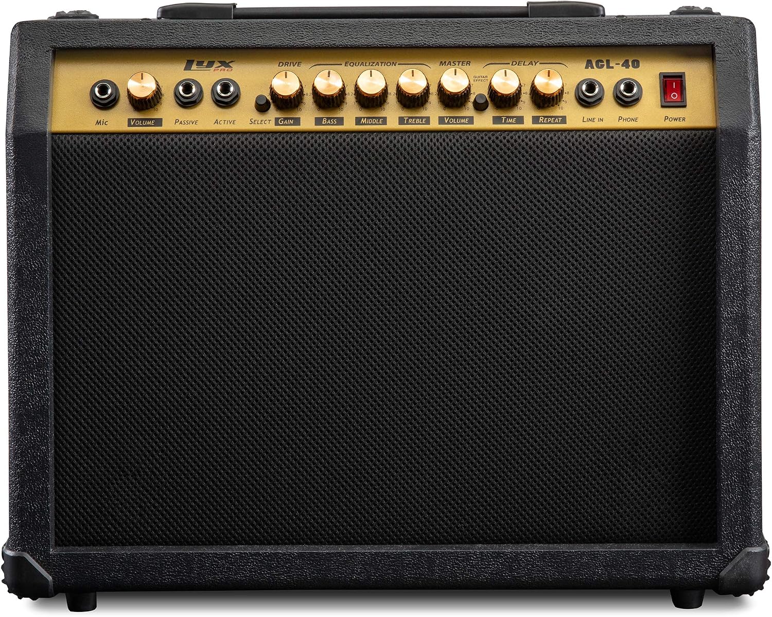 LyxPro 40 Watt Electric Guitar Amplifier | Combo Solid State Studio & Stage Amp with 8' 4-Ohm Speaker, Custom EQ Controls, Drive, Delay, ¼' Passive/Active/Microphone Inputs, Aux in & Headphone Jack