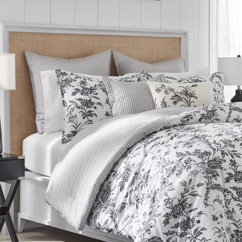 Laura Ashley - King Comforter Set, Reversible Cotton Bedding, Includes Matching Shams with Bonus Euro Shams & Throw Pillows (Amberley Black/White, King)
